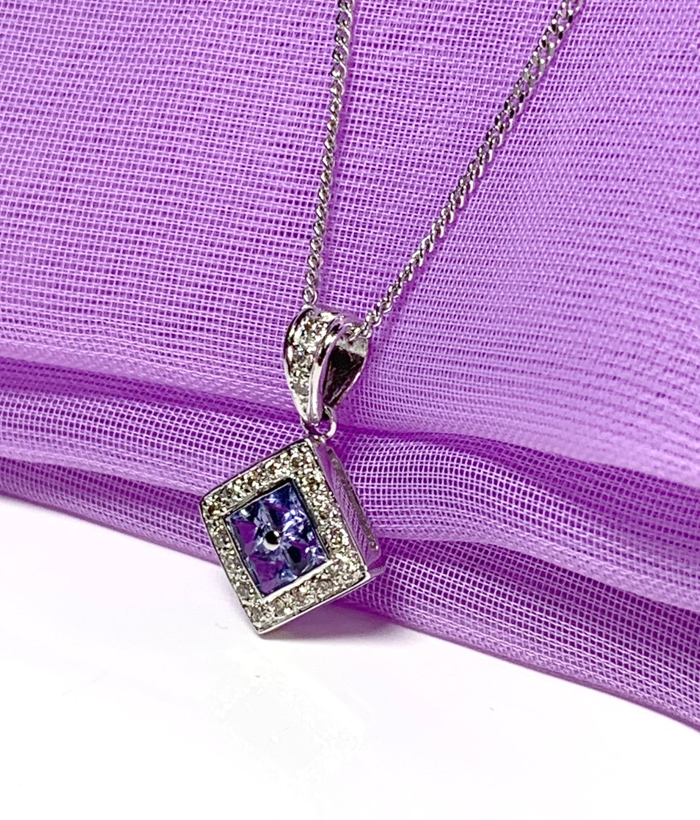 Real tanzanite and diamond necklace white gold square cluster pendant