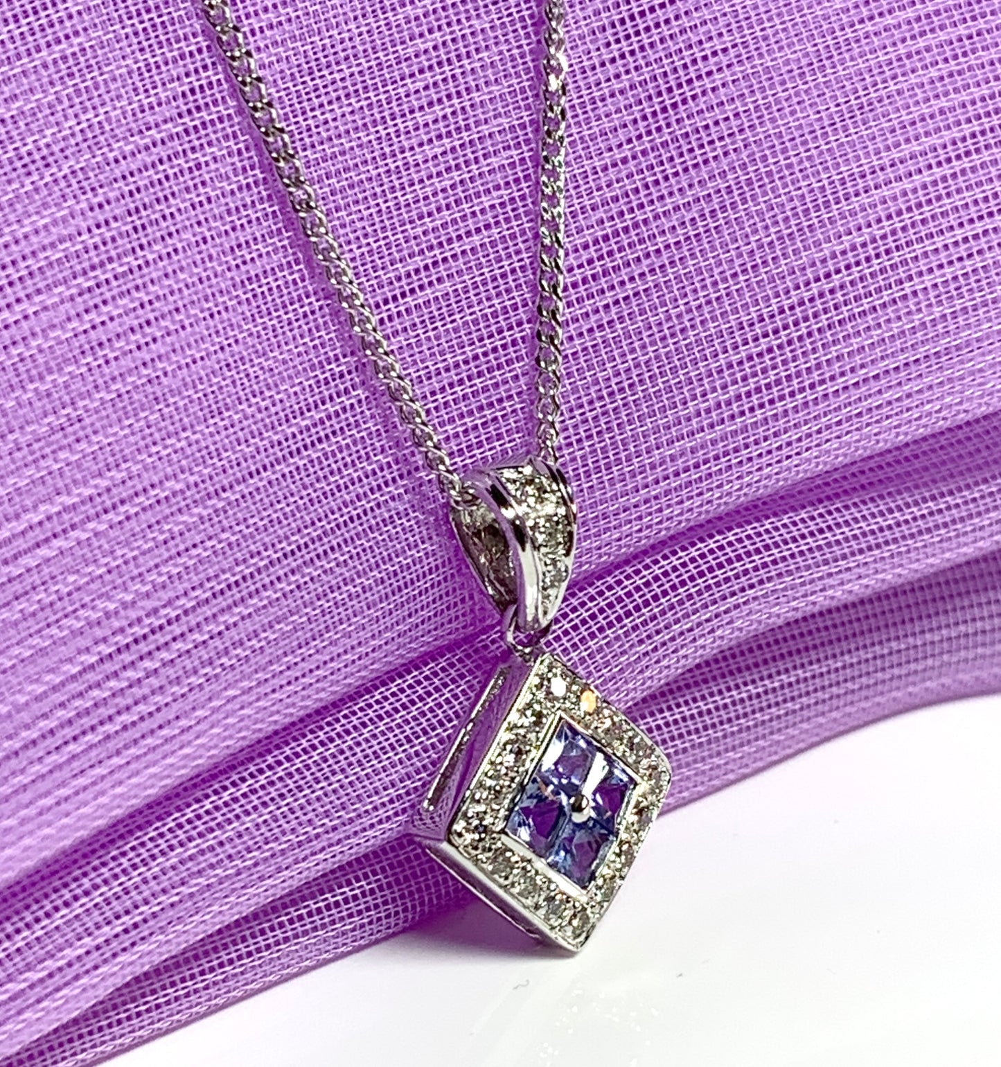 Real tanzanite and diamond necklace white gold square cluster pendant