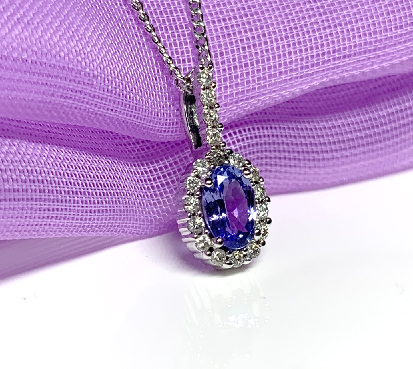 Real tanzanite and diamond white gold oval cluster necklace