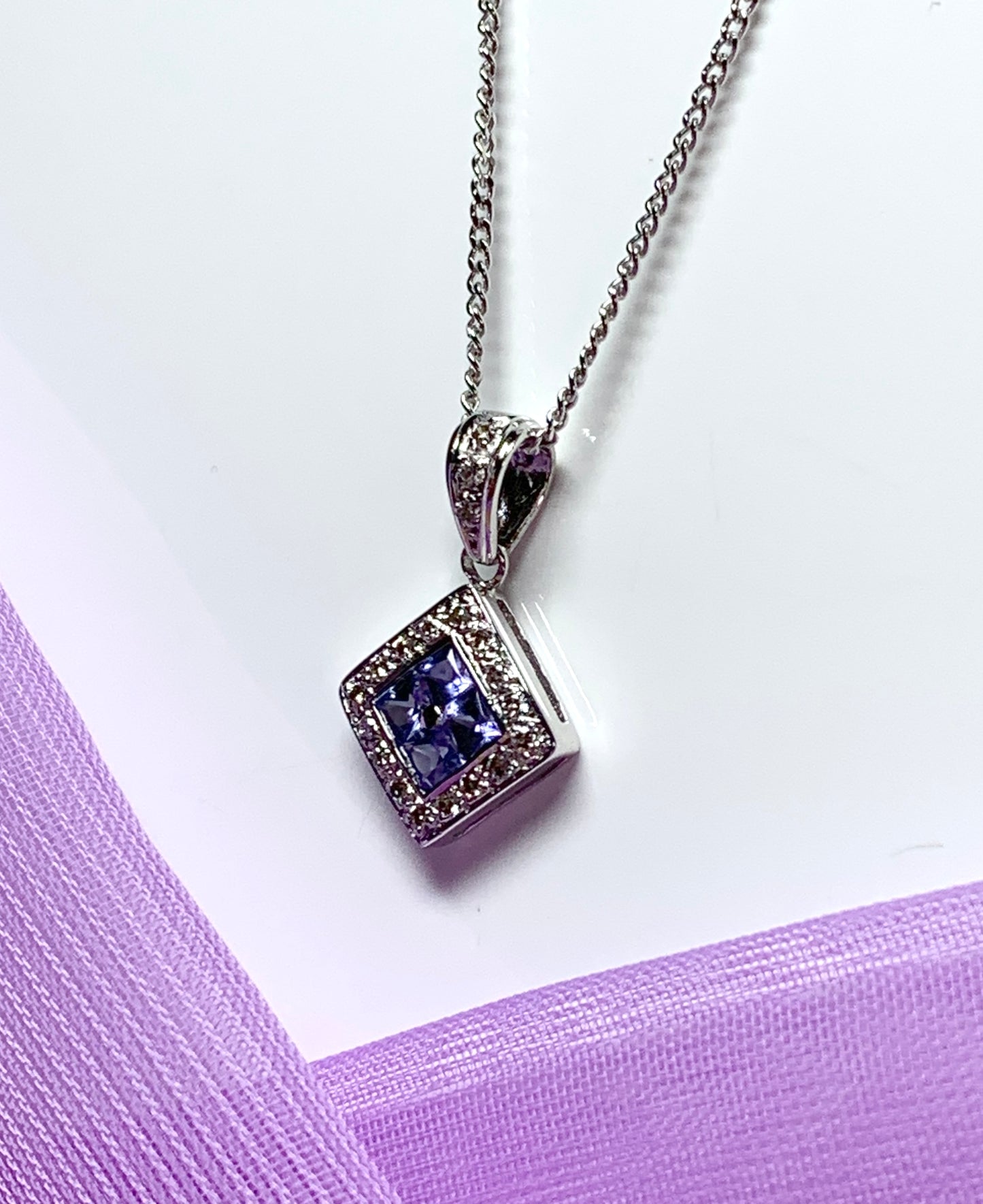 Real tanzanite and diamond necklace white gold square cluster pendant