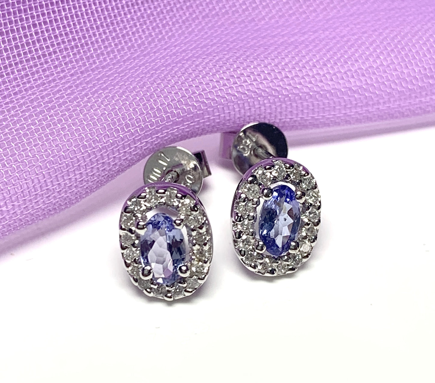 Real tanzanite stud earrings with diamonds white gold oval cluster