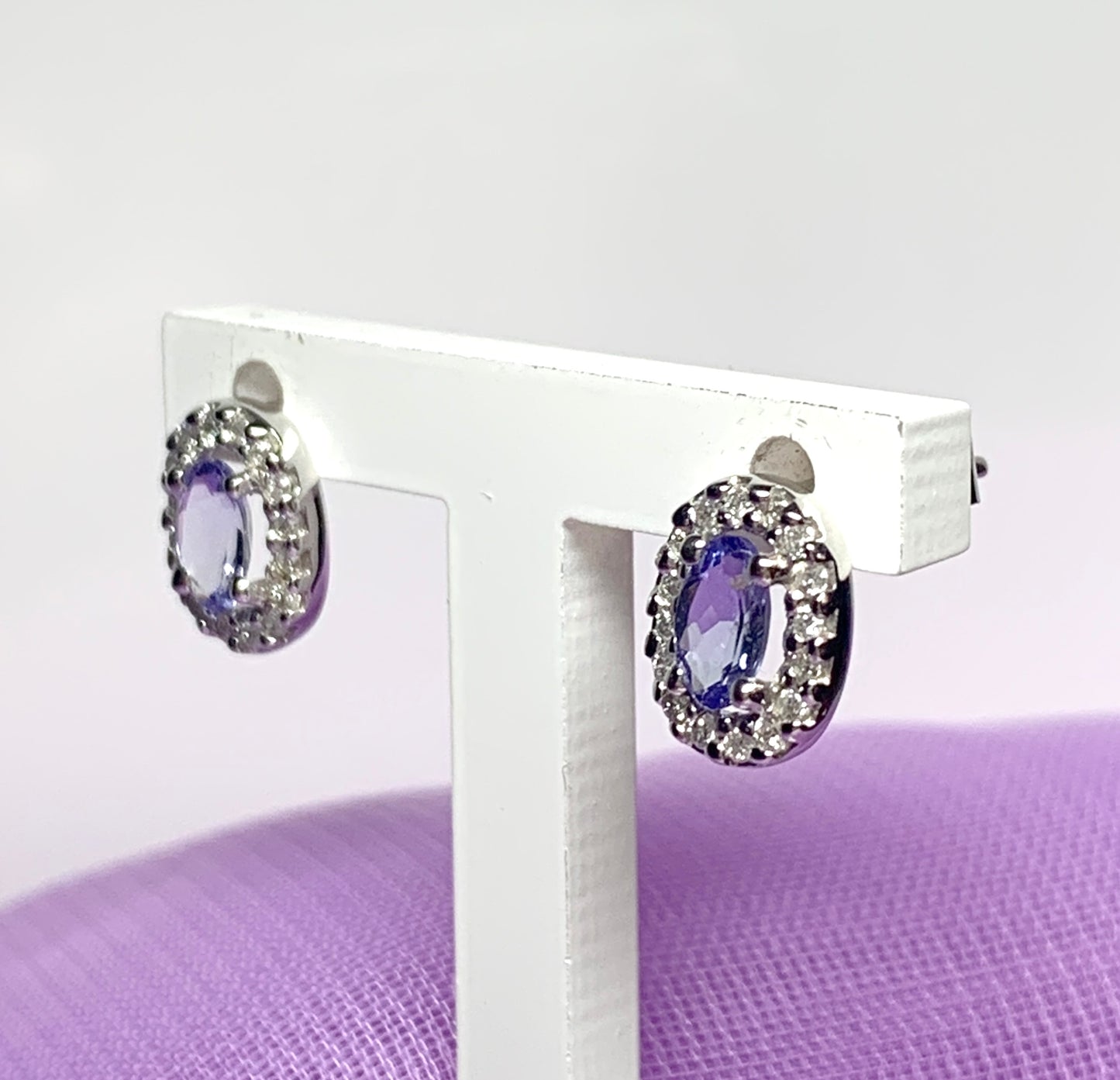 Real tanzanite stud earrings with diamonds white gold oval cluster