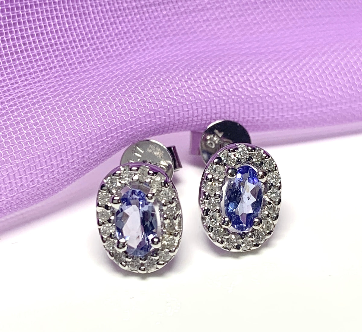 Real tanzanite stud earrings with diamonds white gold oval cluster