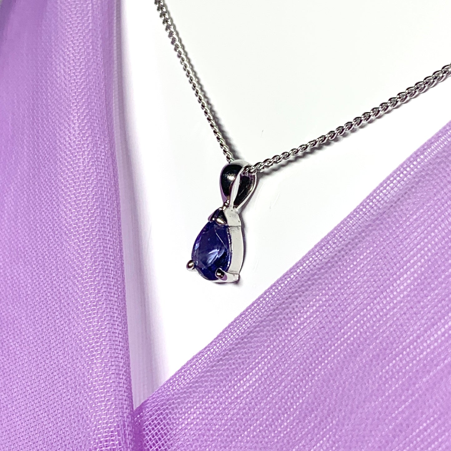 Pear shaped real tanzanite white gold necklace