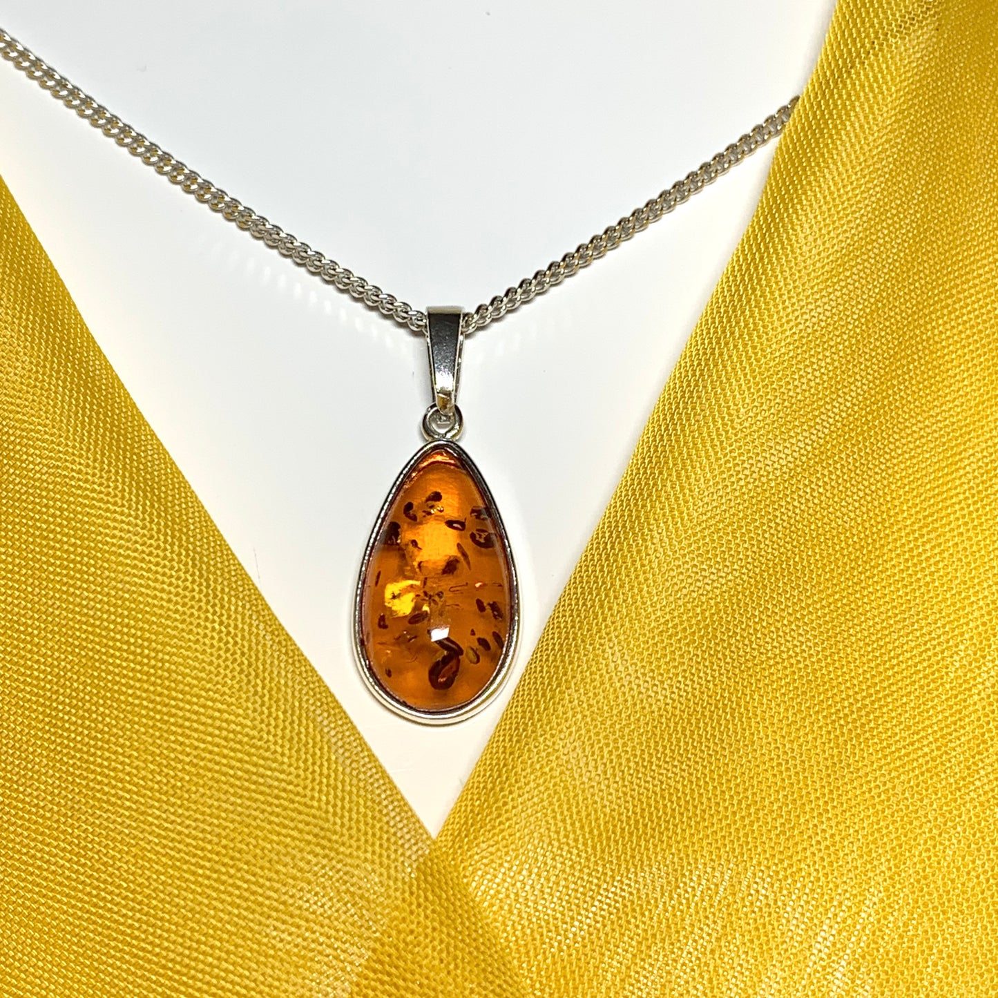 Real teardrop pear shaped amber necklace sterling silver