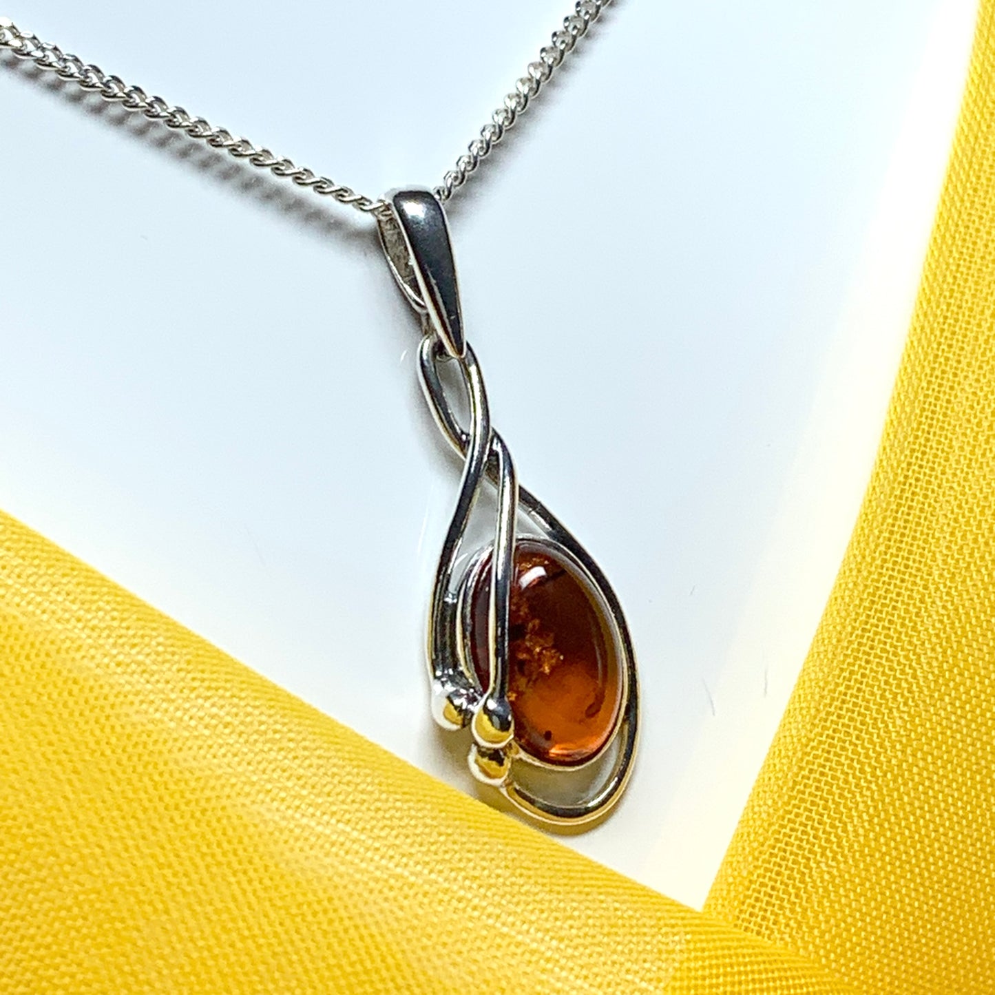 Real teardrop pear shaped fancy amber necklace sterling silver