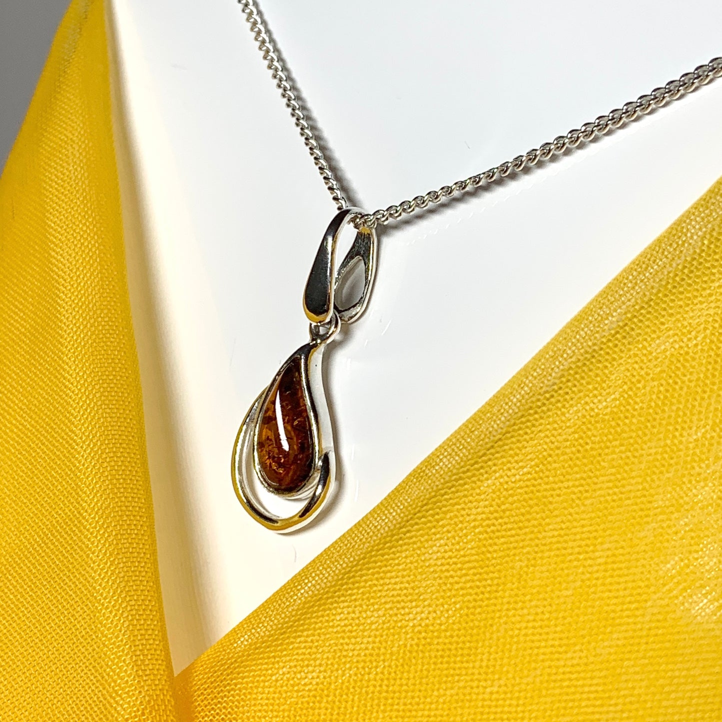 Real teardrop pear shaped amber fancy necklace sterling silver