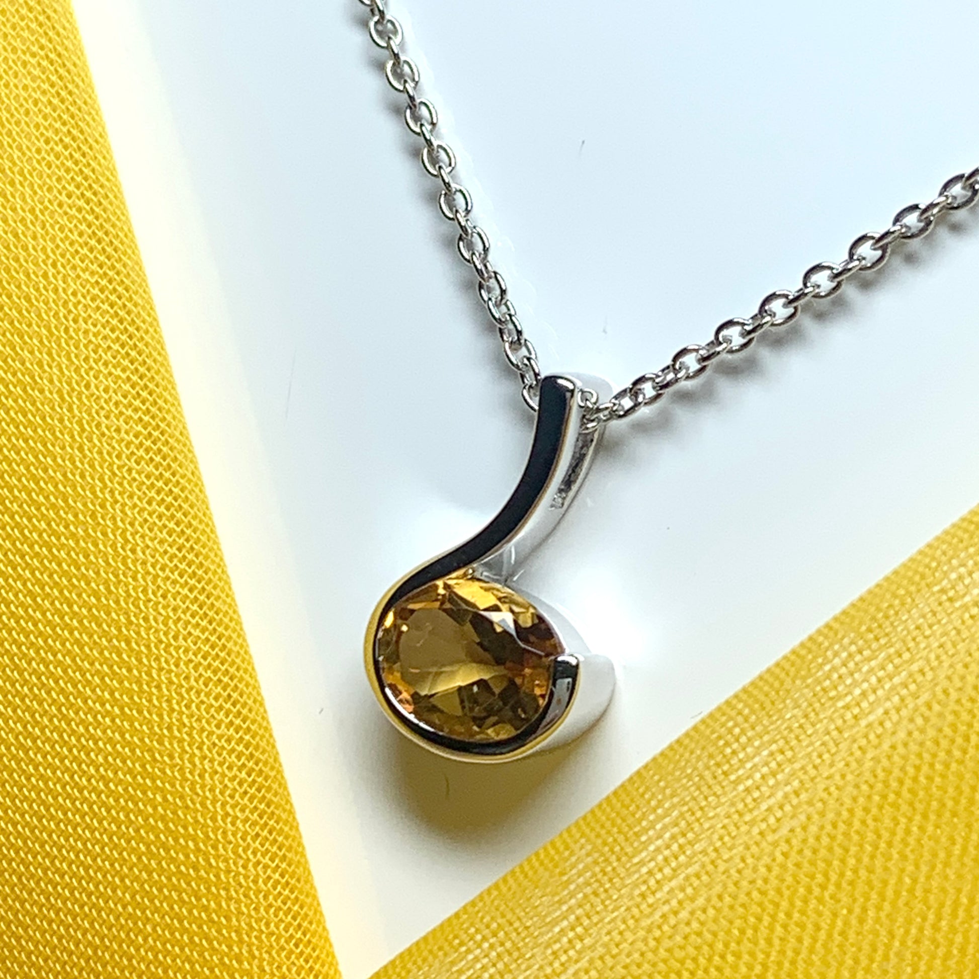 Real yellow citrine necklace oval fancy swirl sterling silver