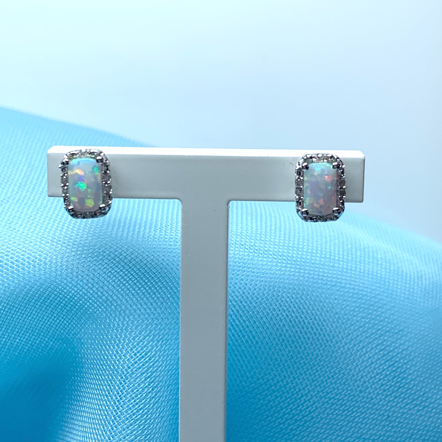 Rectangle Opal And Diamond White Gold Stud Cluster Earrings