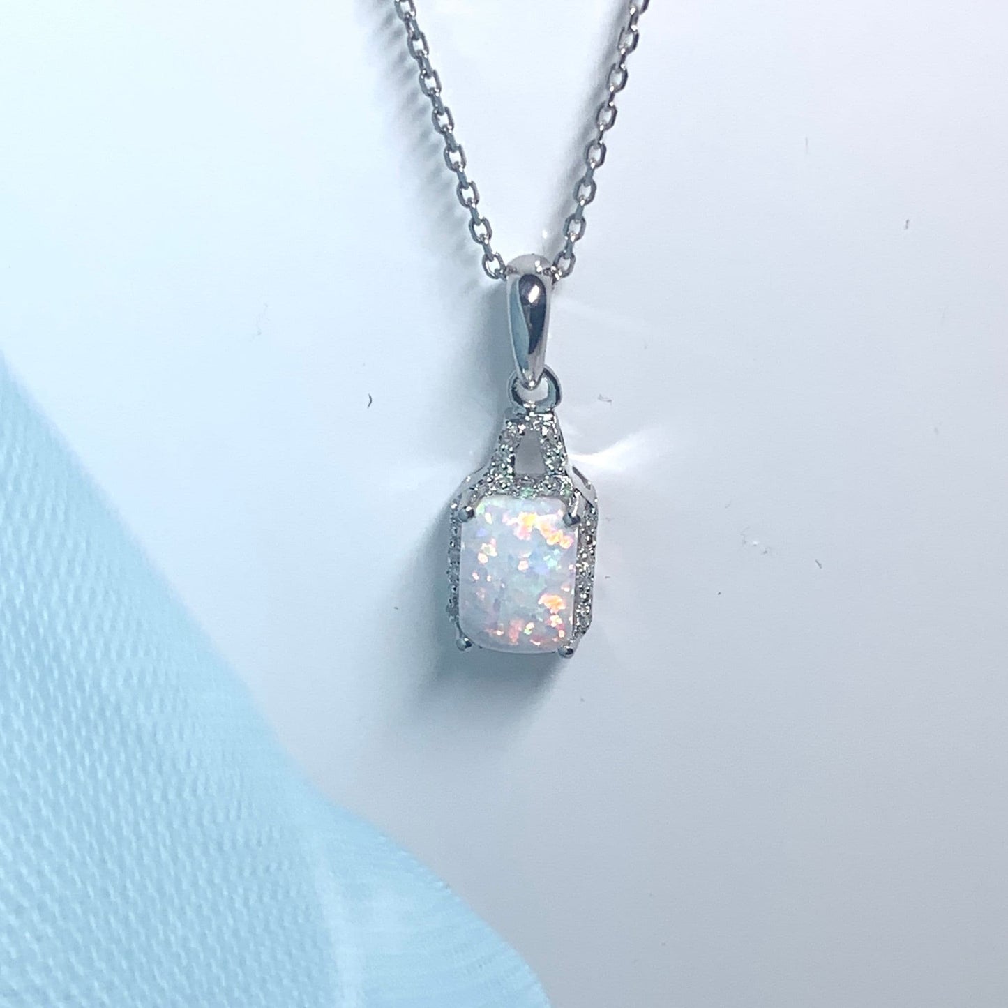 Rectangle Opal And Diamond White Gold Necklace Pendant