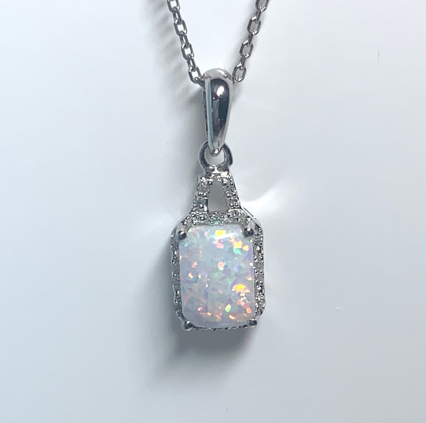 Rectangle Opal And Diamond White Gold Necklace Pendant