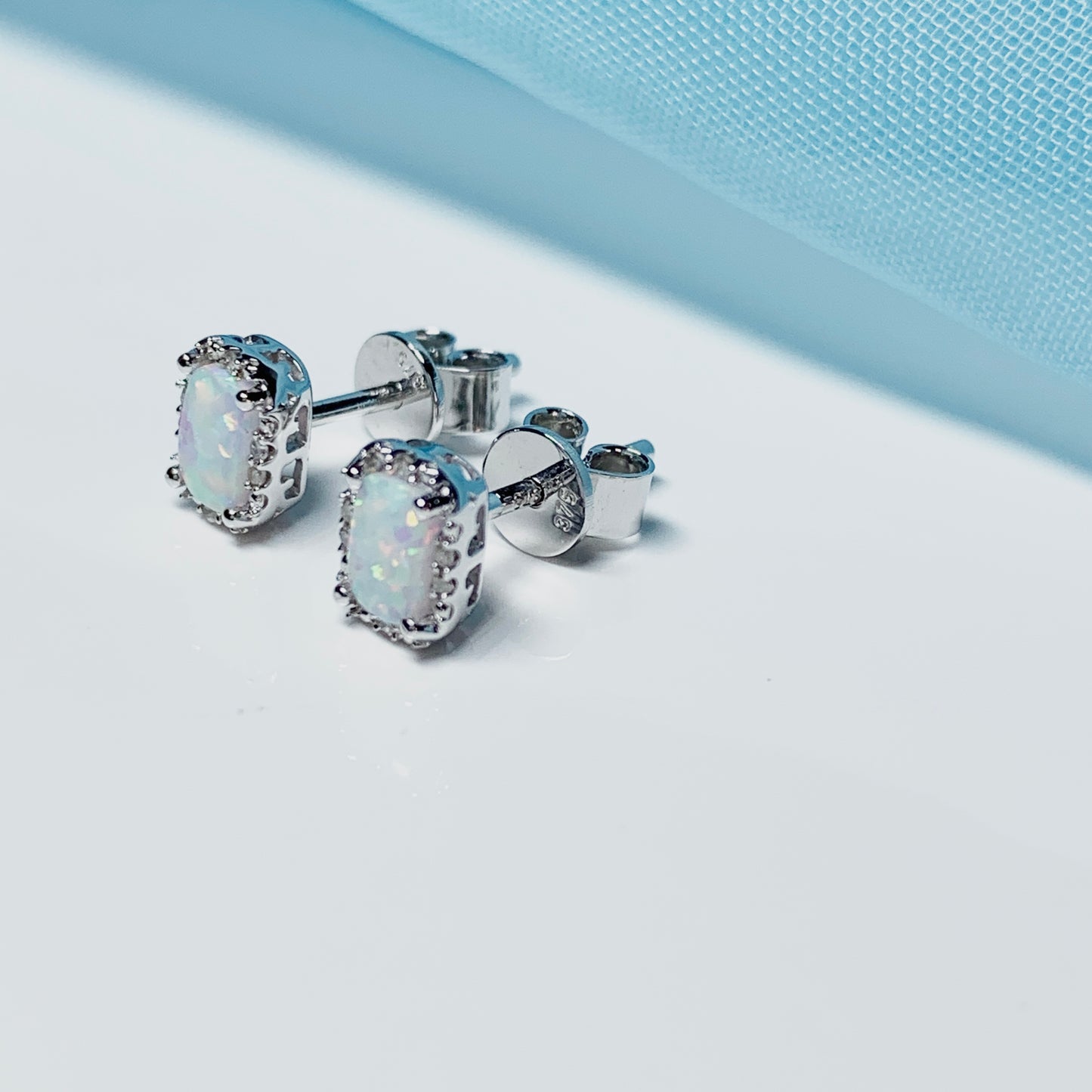 Rectangle Opal And Diamond White Gold Stud Cluster Earrings