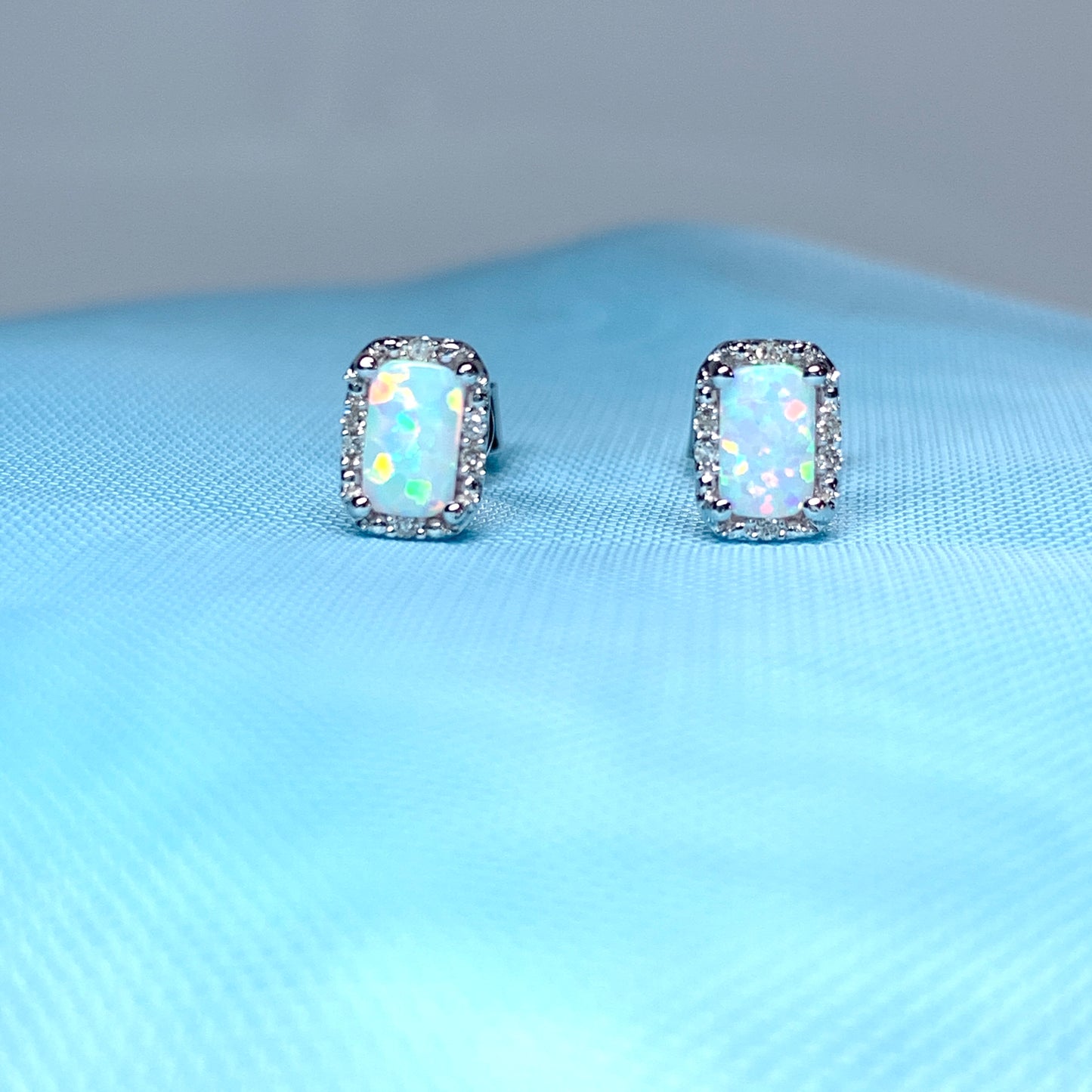 Rectangle Opal And Diamond White Gold Stud Cluster Earrings