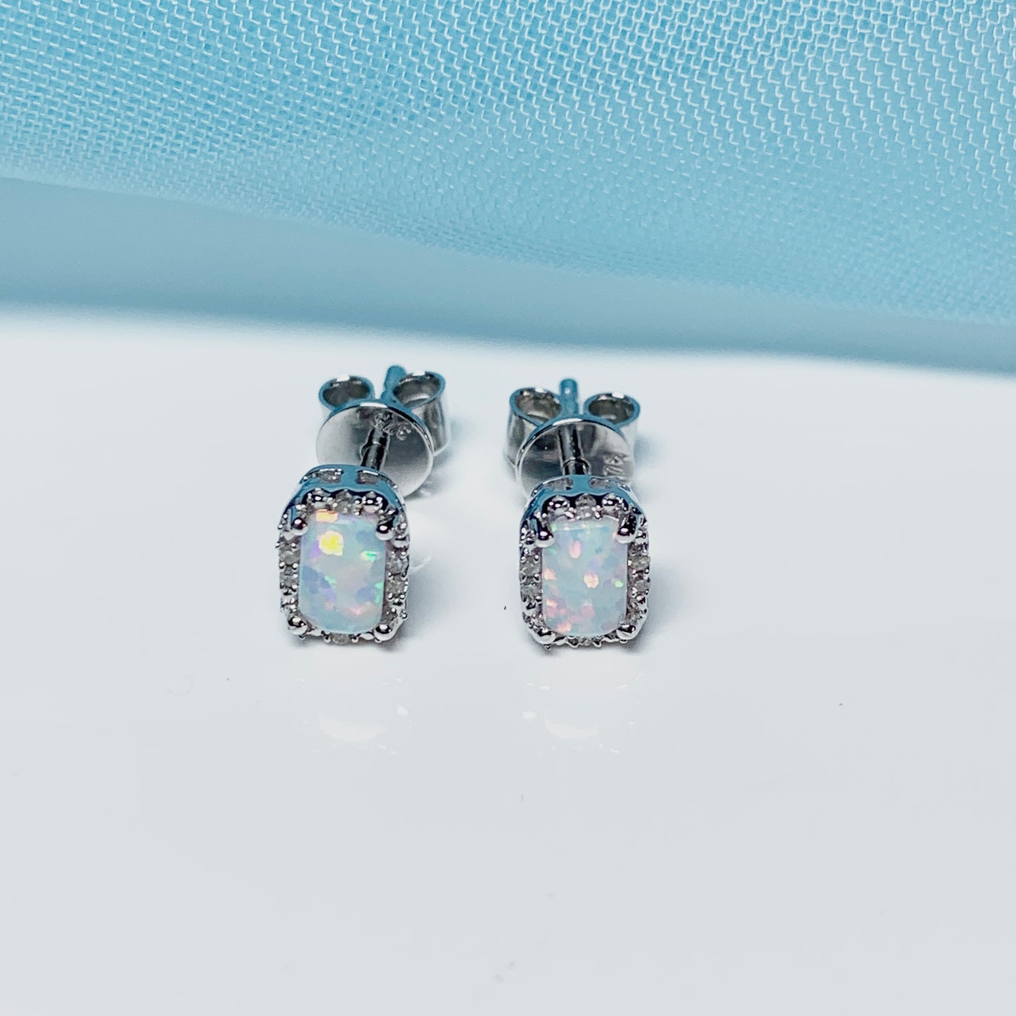 Rectangle Opal And Diamond White Gold Stud Cluster Earrings