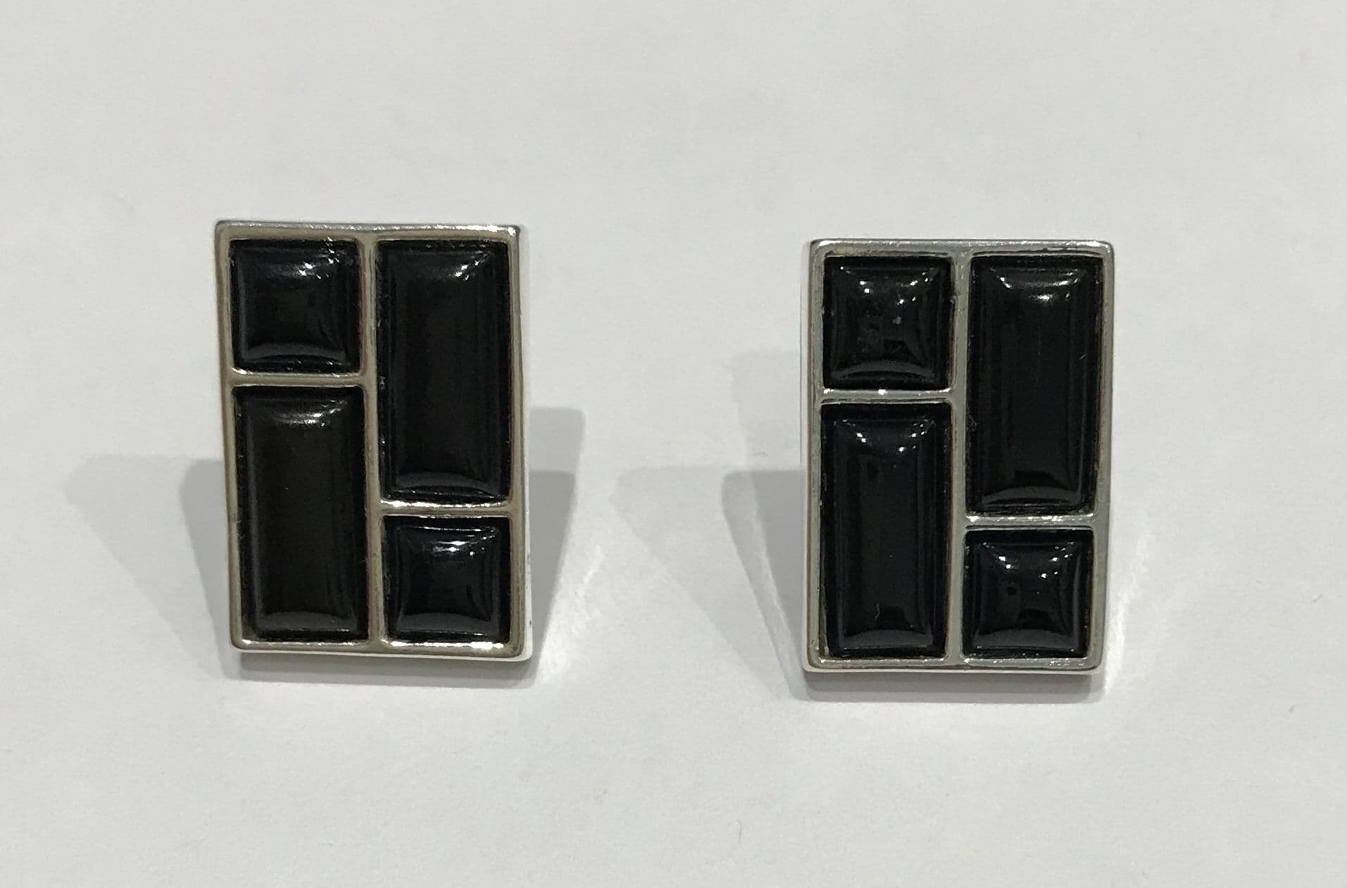 Rectangle shaped sterling silver real black jet earrings