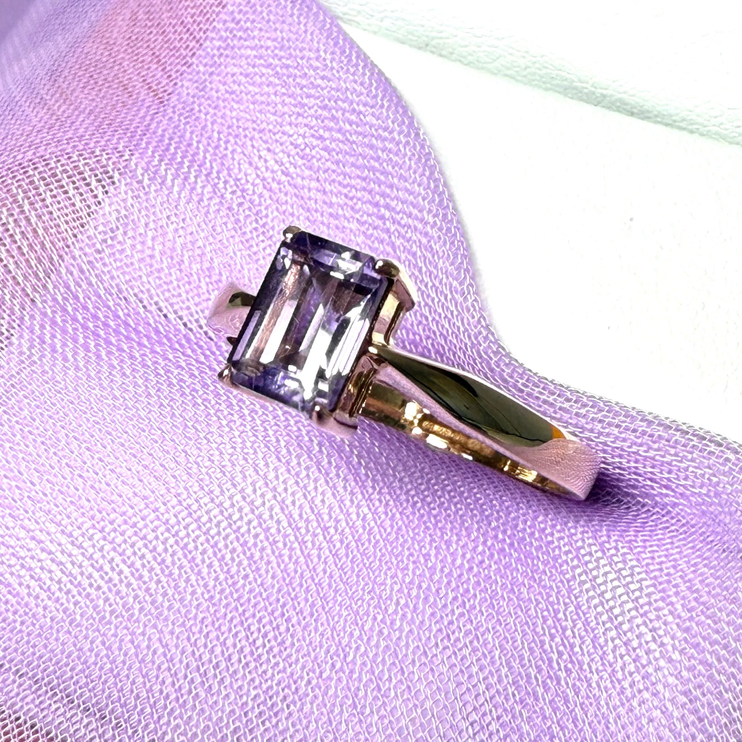 Square rectangle cut real purple amethyst yellow gold dress ring