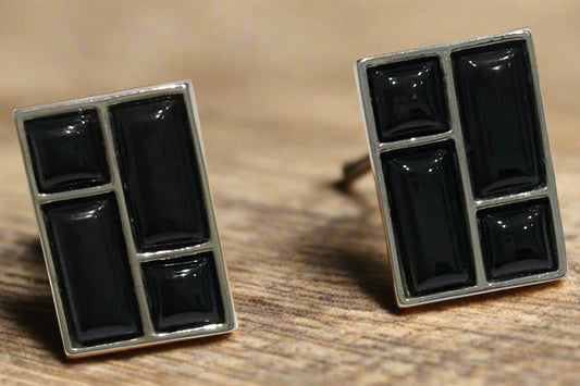 Rectangle shaped sterling silver real black jet earrings