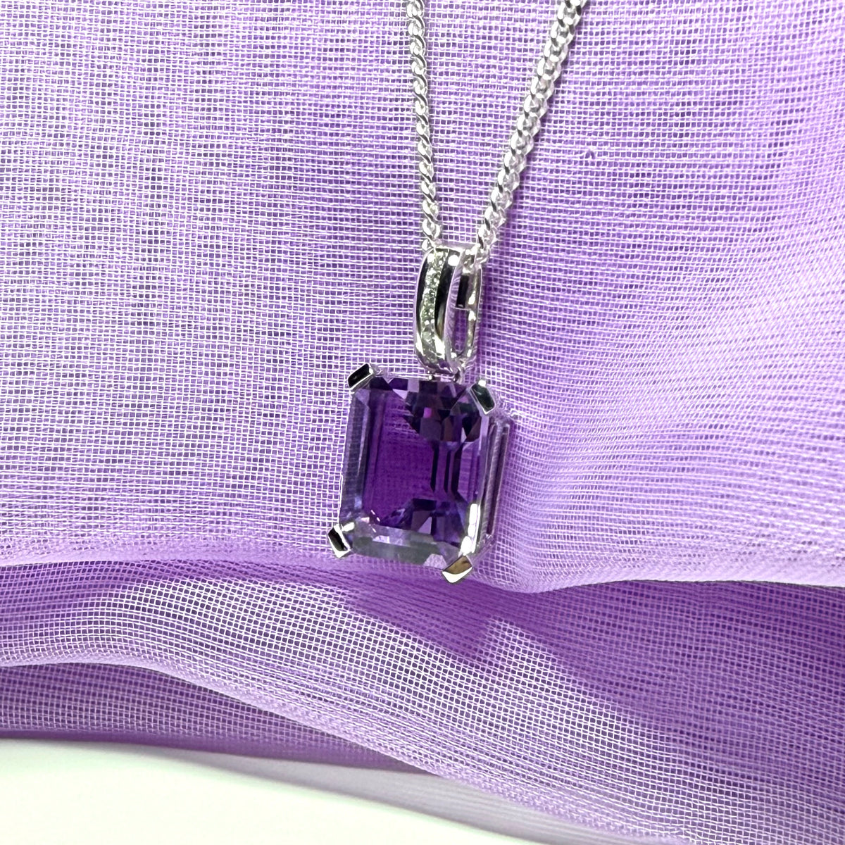 Square shaped purple real amethyst necklace and cubic zirconia sterling silver pendant