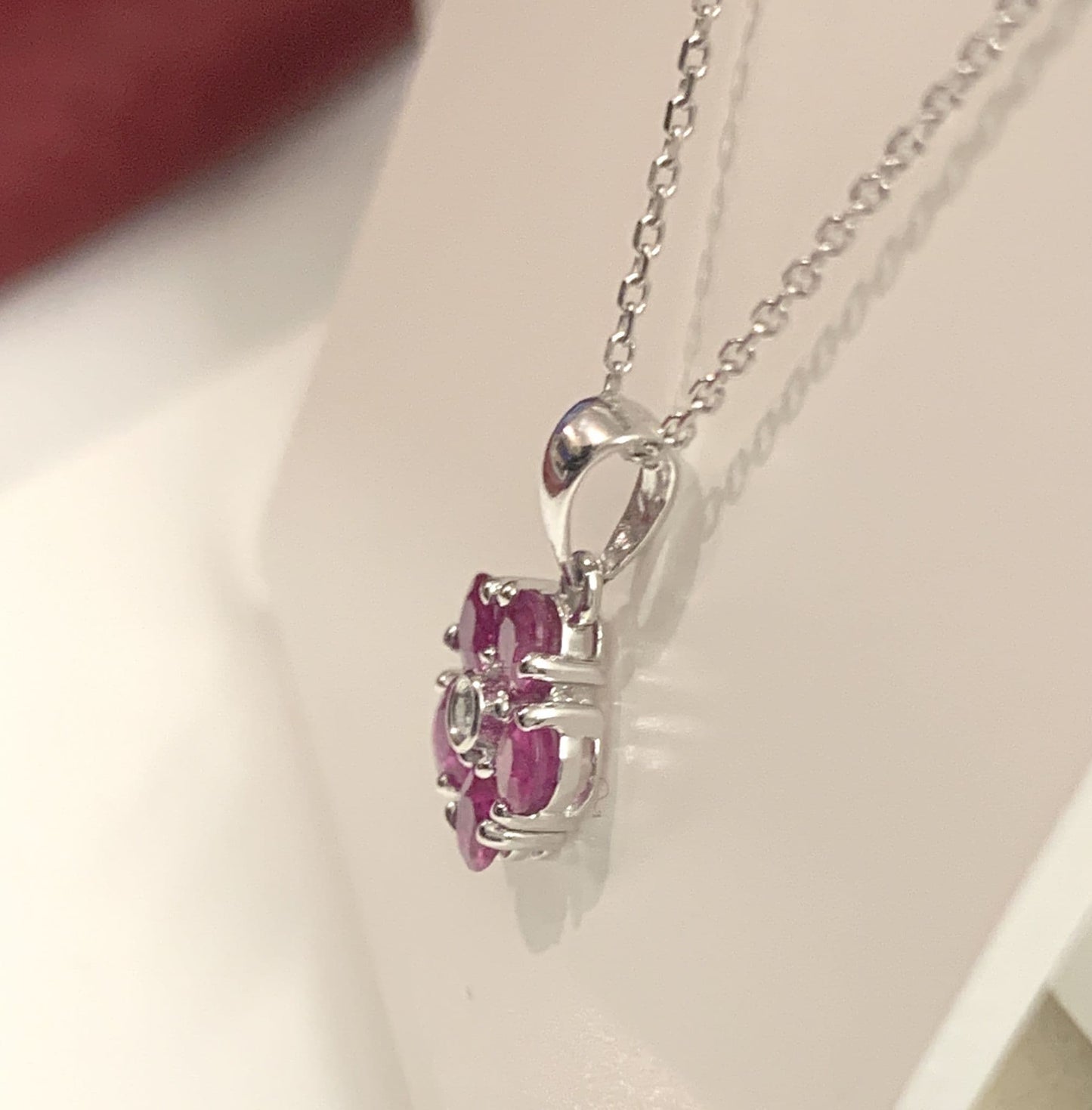 Real red ruby and diamond white gold daisy cluster necklace