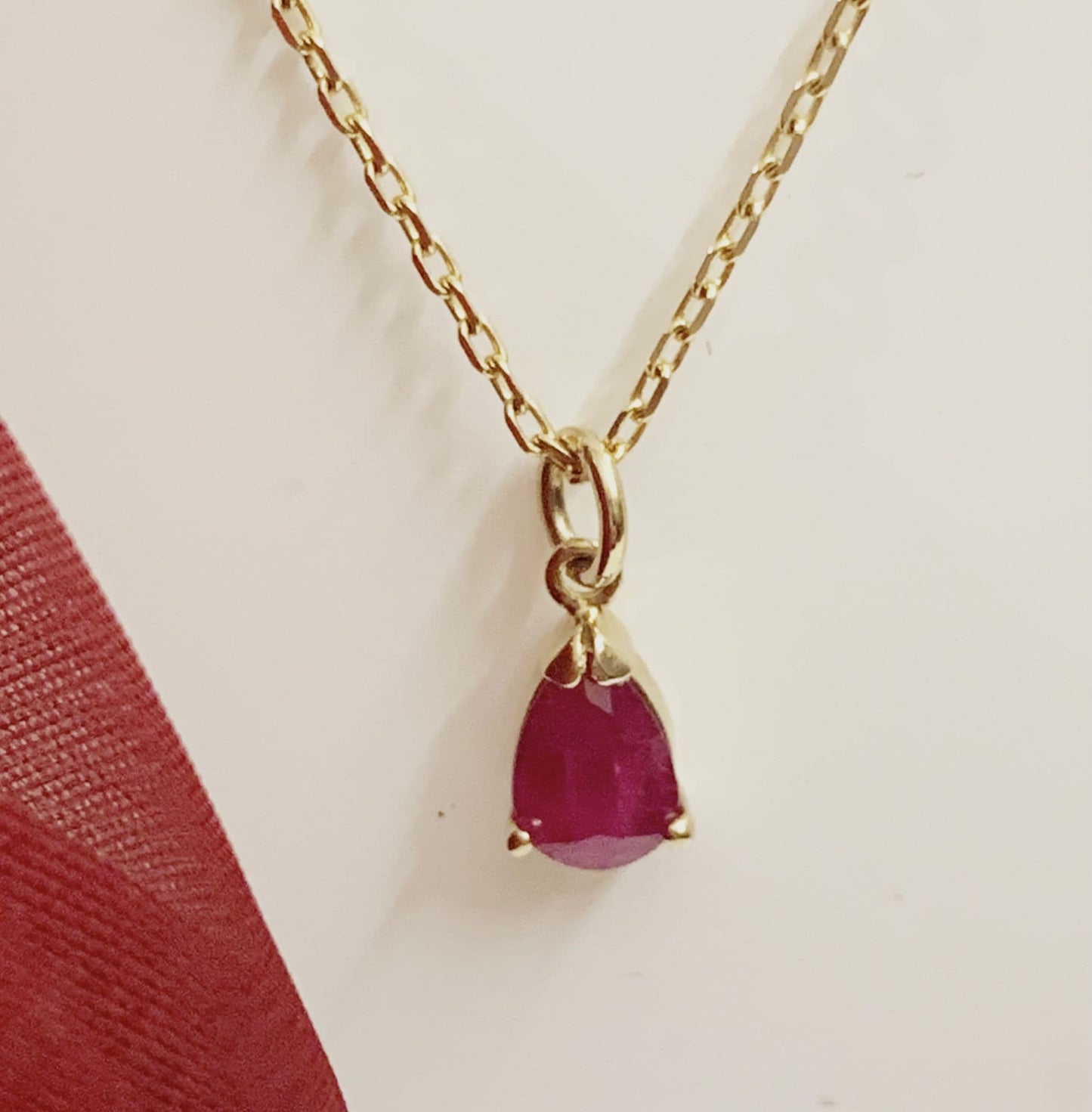 Red Ruby Yellow Gold Pear Teardrop Shaped Necklace