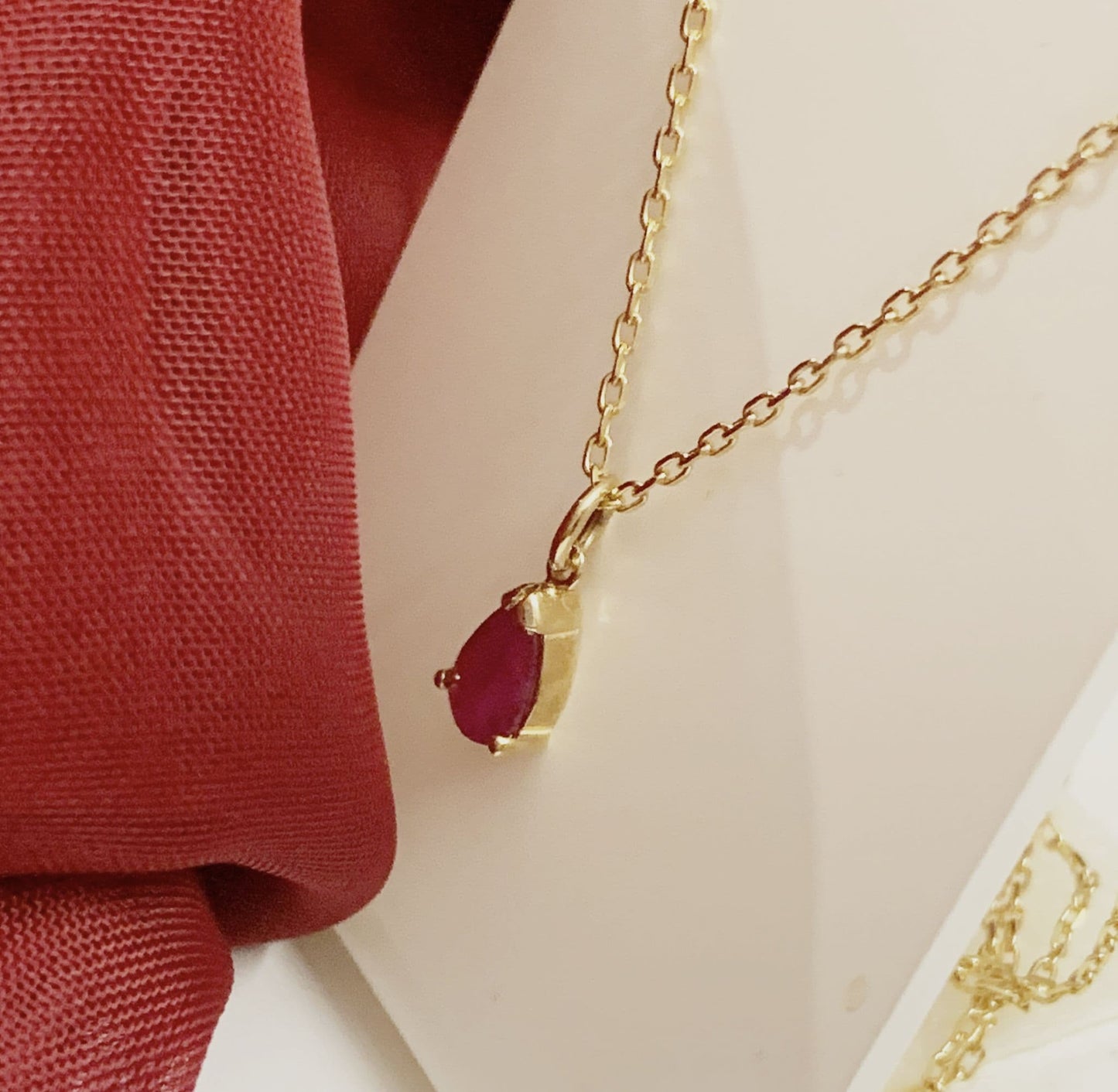 Red Ruby Yellow Gold Pear Teardrop Shaped Necklace