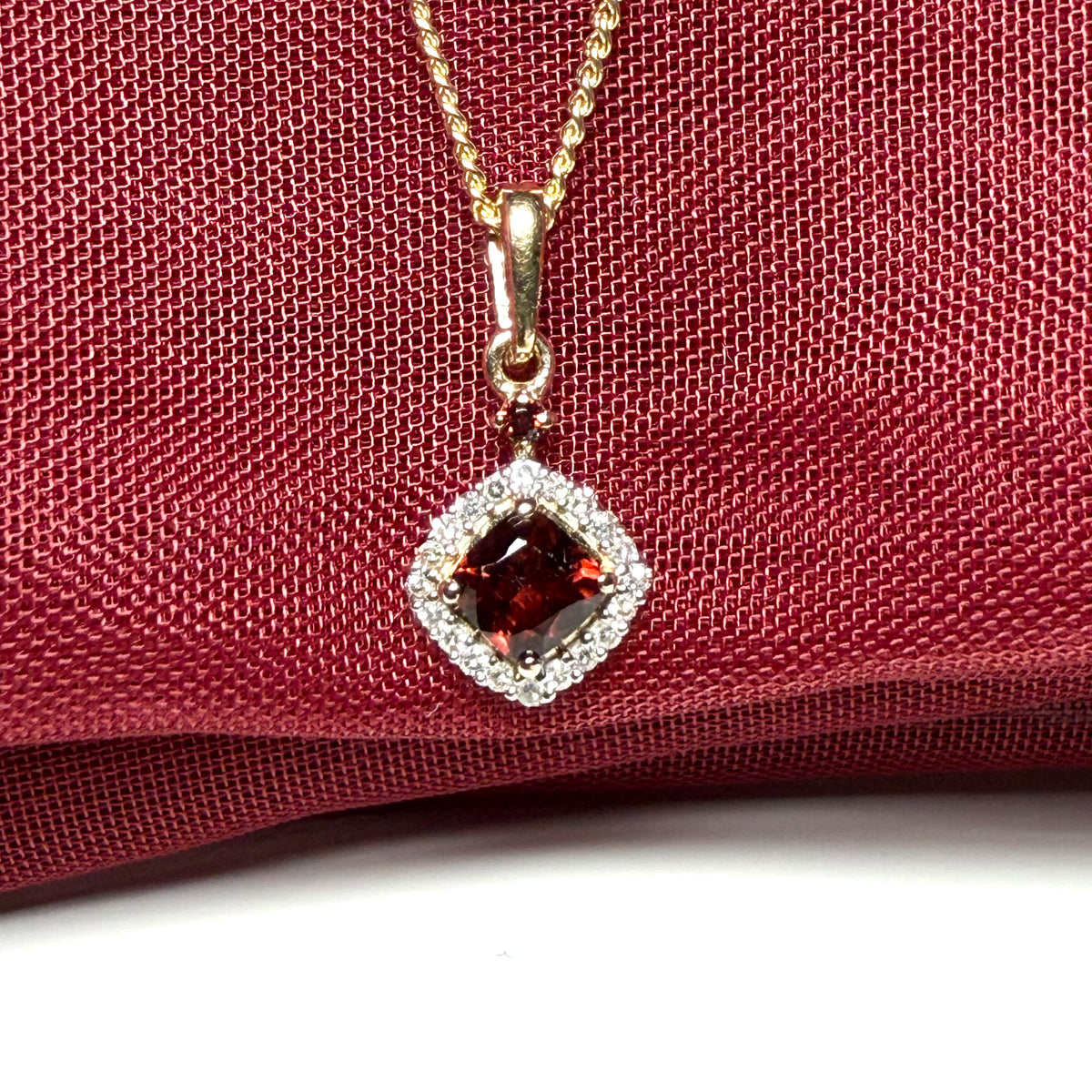 Red brown real garnet and diamond yellow gold cushion cluster necklace