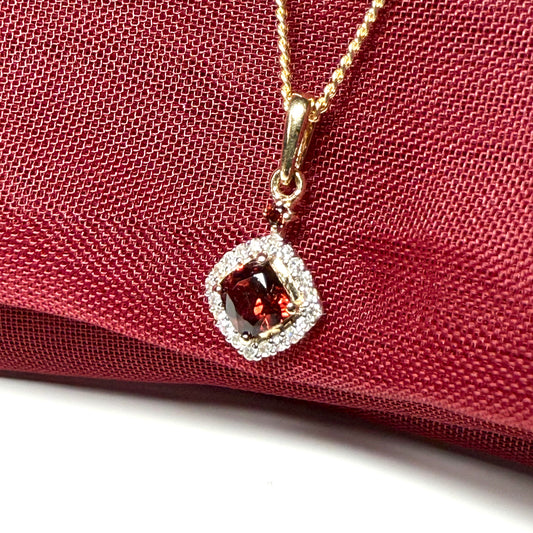 Red brown real garnet and diamond yellow gold cushion cluster necklace