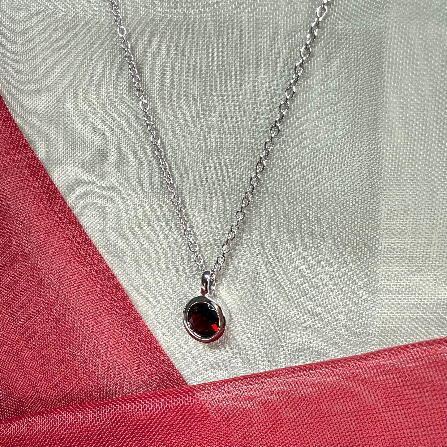 Red real garnet round silver necklace smooth rubbed over pendant
