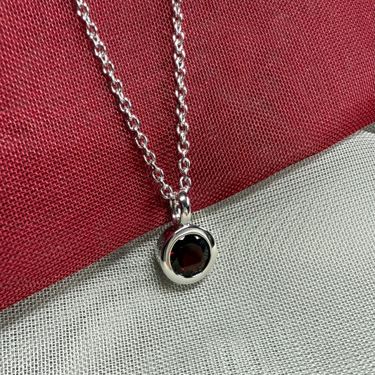 Red real garnet round silver necklace smooth rubbed over pendant with chain