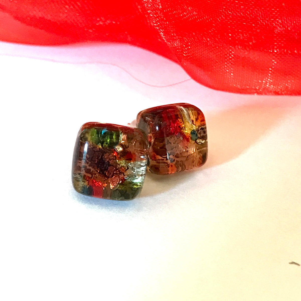 Red square stud Real Genuine Murano glass stud earrings
