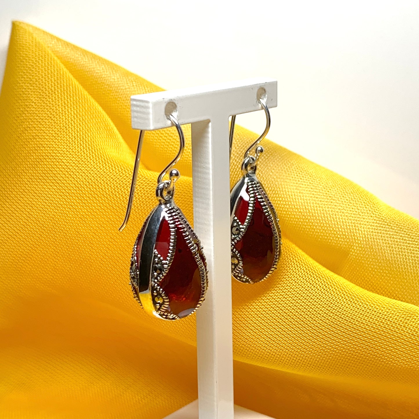 Large red crystal and marcasite pear teardrop earrings