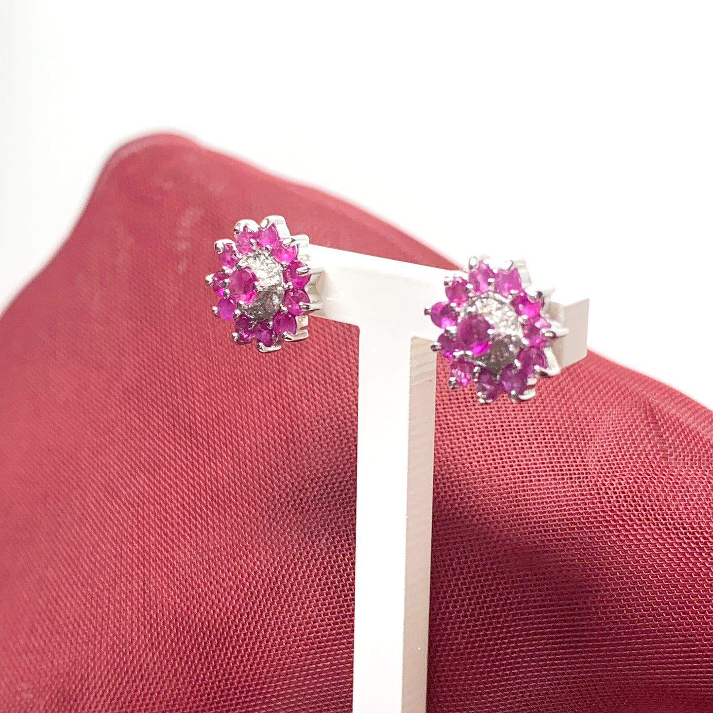 Red round ruby and diamond sterling silver cluster stud earrings