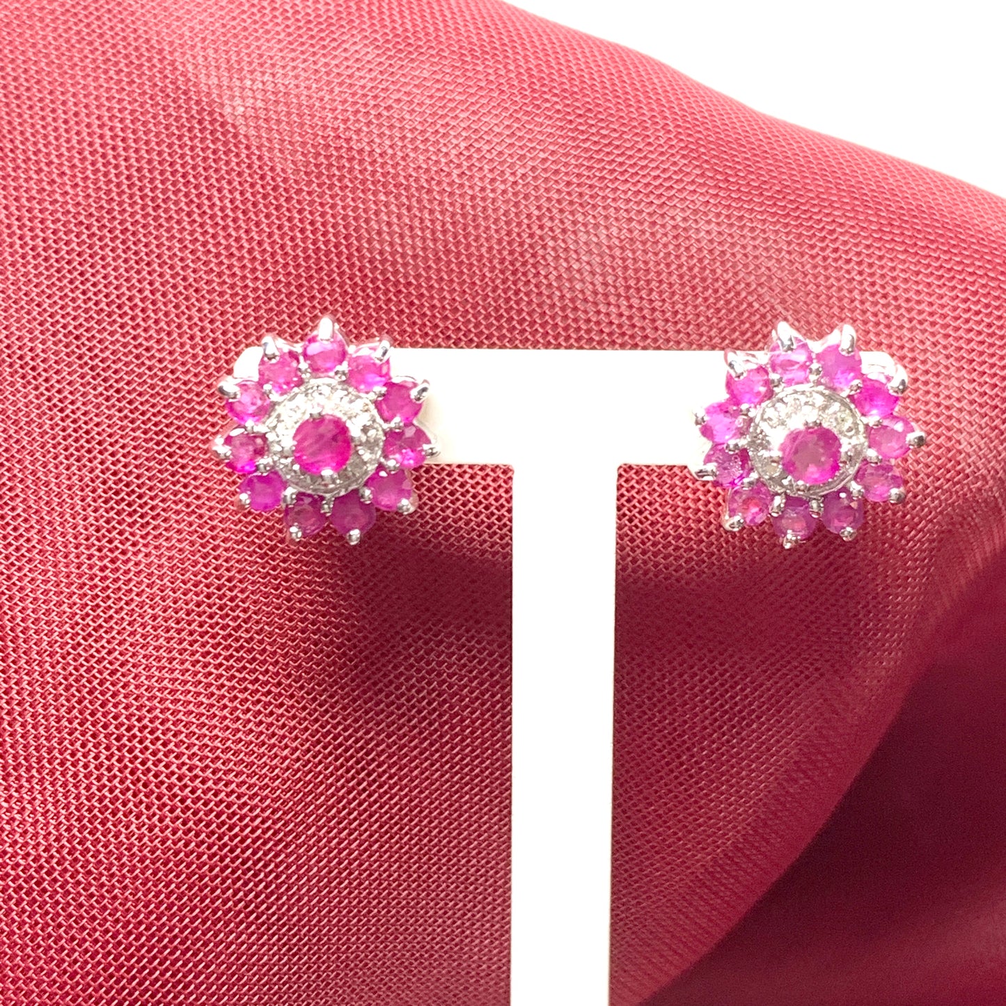 Red round ruby and diamond sterling silver cluster stud earrings