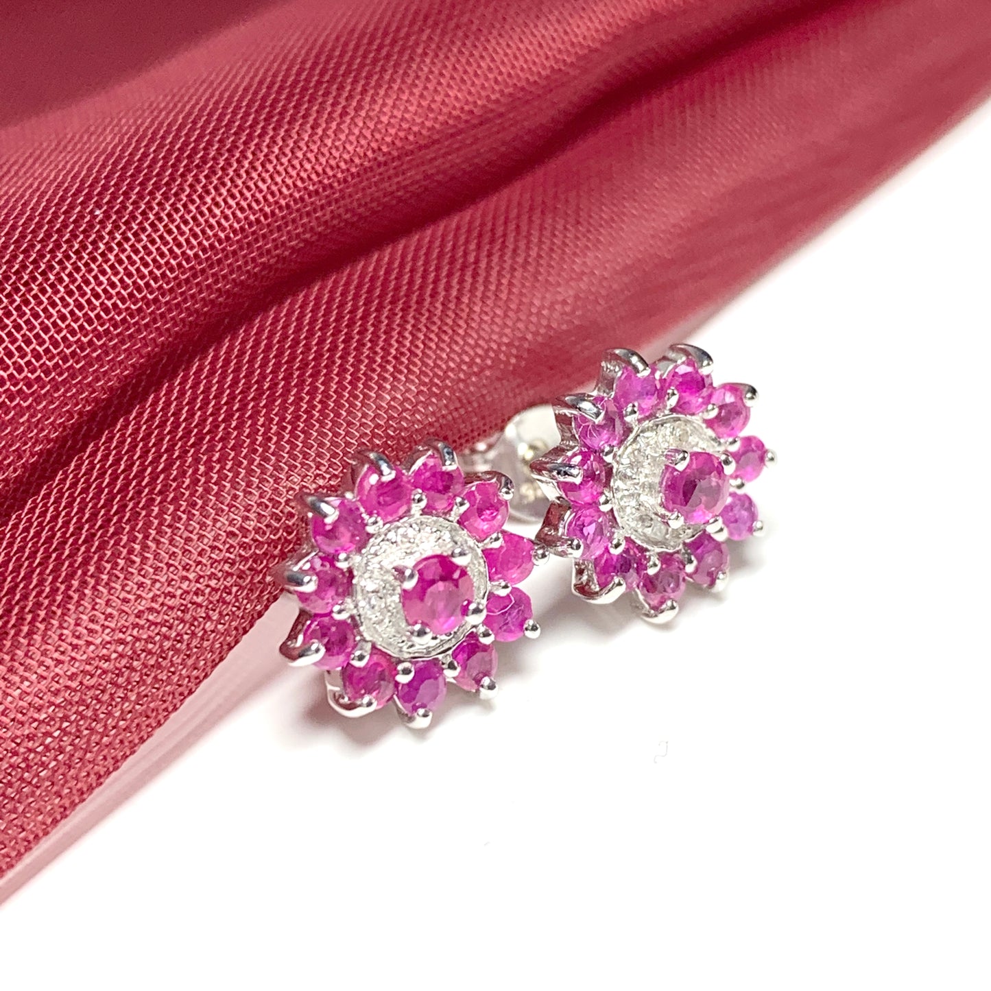 Red round ruby and diamond sterling silver cluster stud earrings