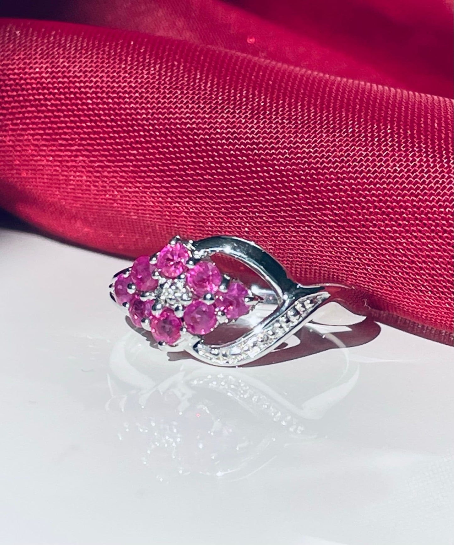 Red ruby and diamond sterling silver fancy spray cluster ring