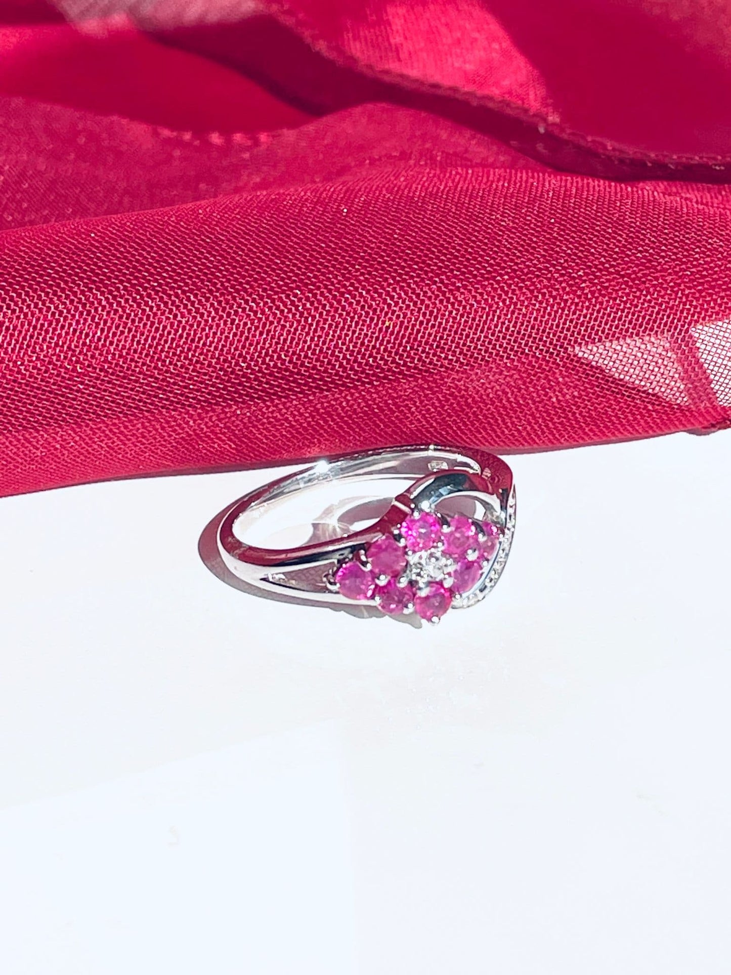 Red ruby and diamond sterling silver fancy spray cluster ring