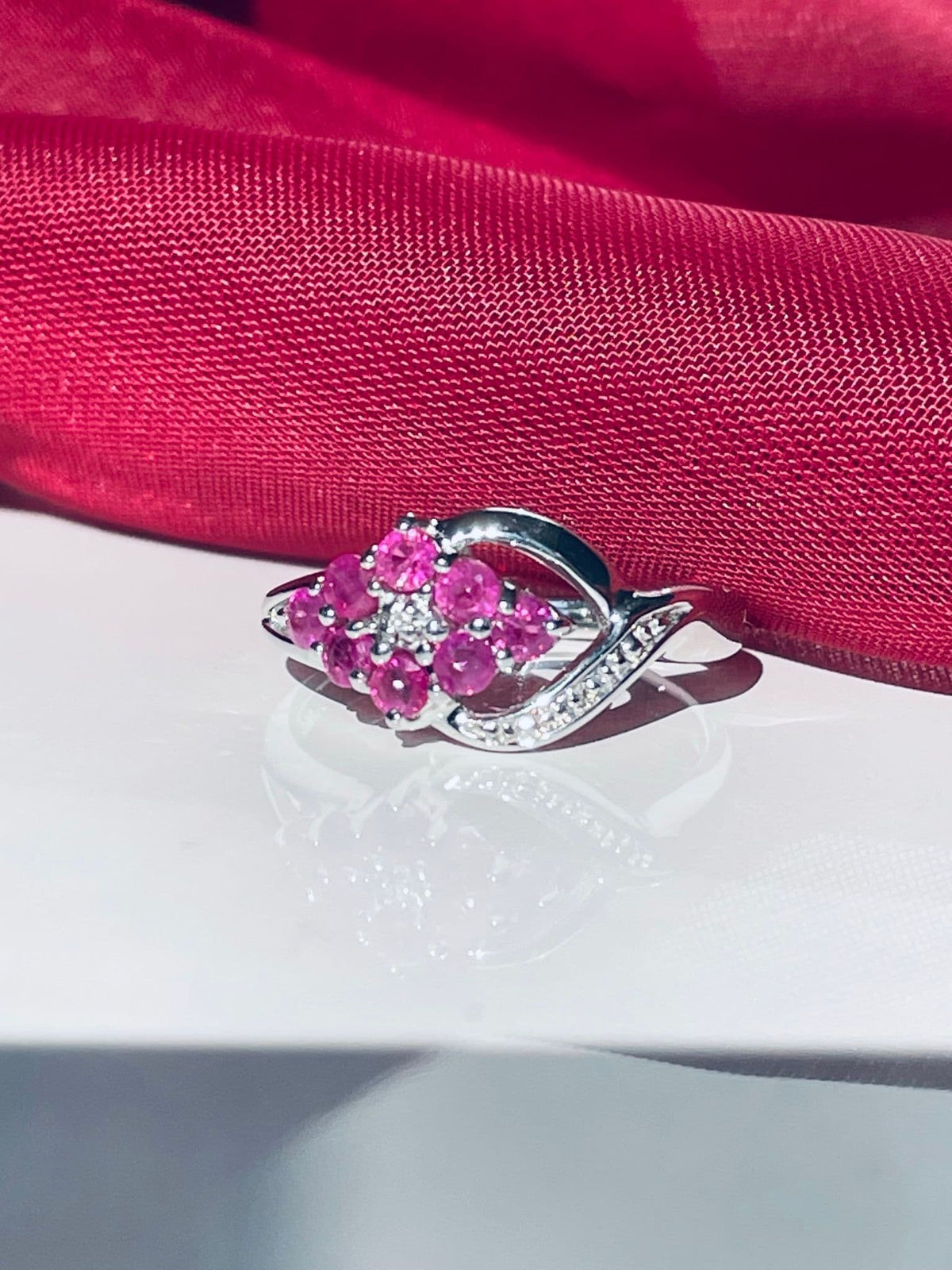 Red ruby and diamond sterling silver fancy spray cluster ring