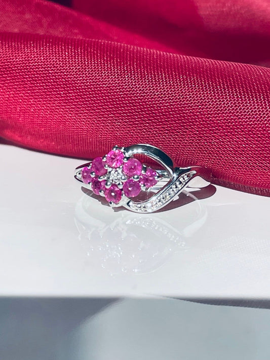 Red ruby and diamond sterling silver fancy spray cluster ring