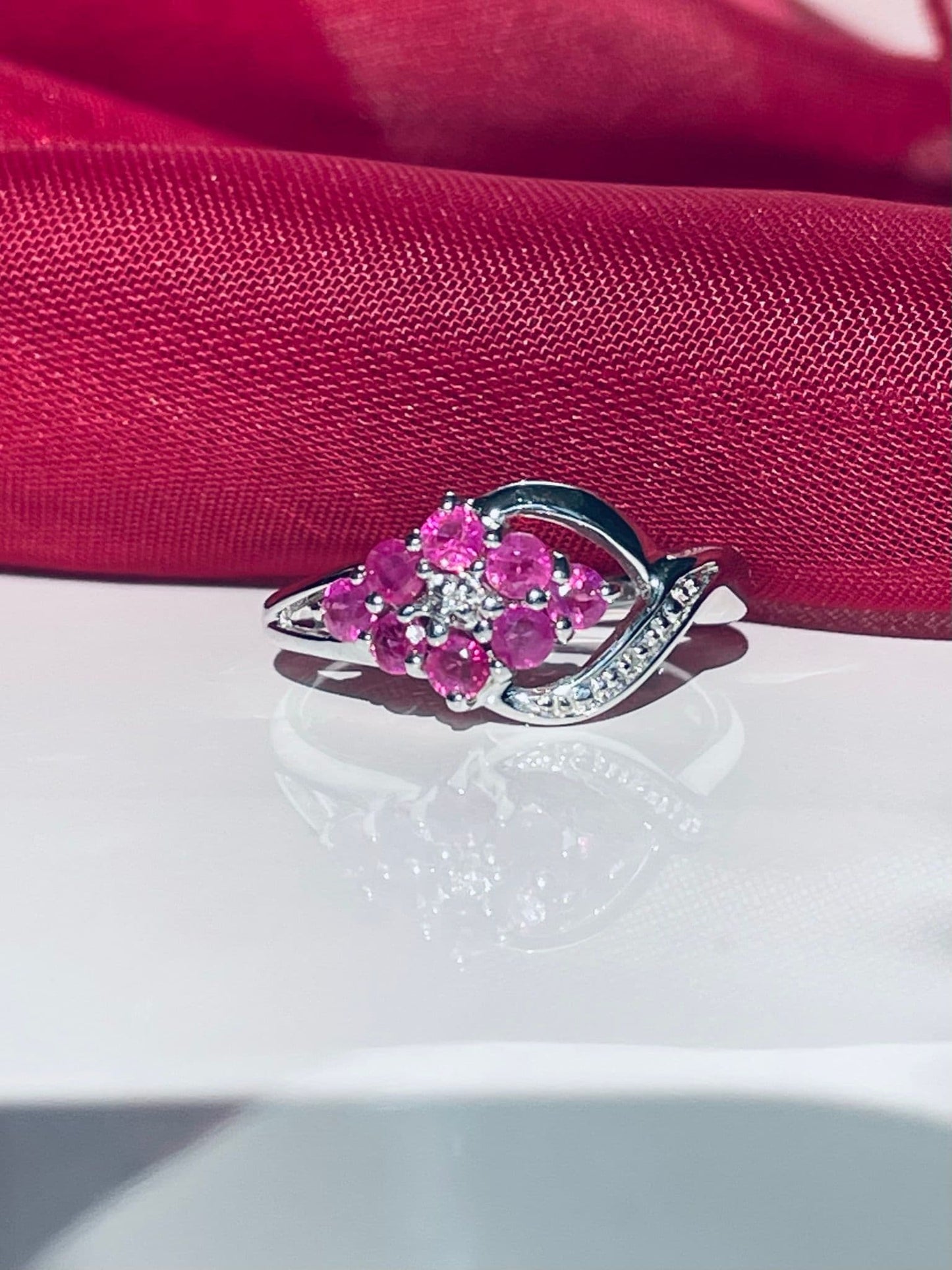 Red ruby and diamond sterling silver fancy spray cluster ring