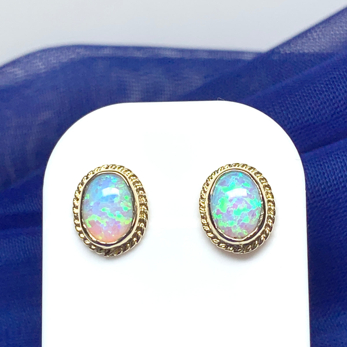 Oval Rope Edged Yellow Gold Opal Stud Earrings