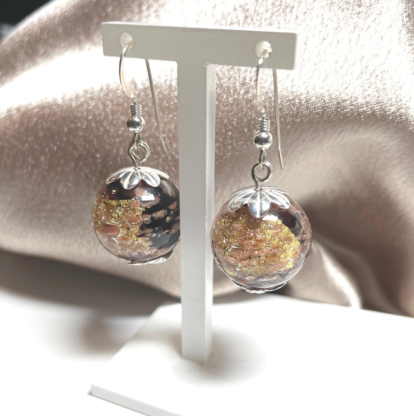 Rose Design Black Gold Murano Glass Drop Earrings