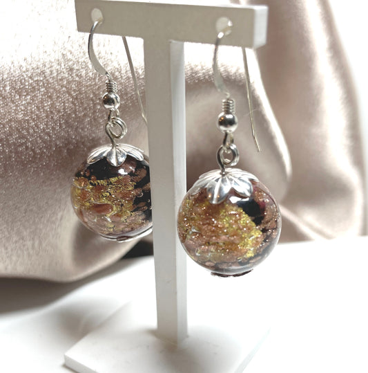 Rose Design Black Gold Murano Glass Drop Earrings