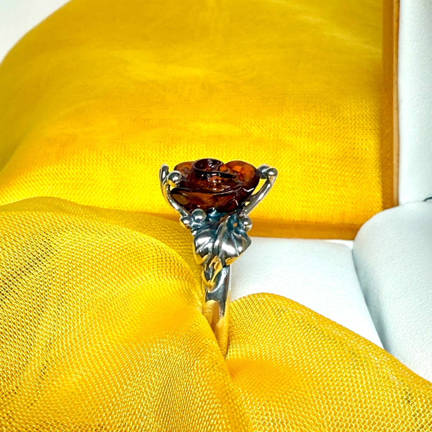 Rose flower shaped sterling silver real carved amber dress cocktail ring