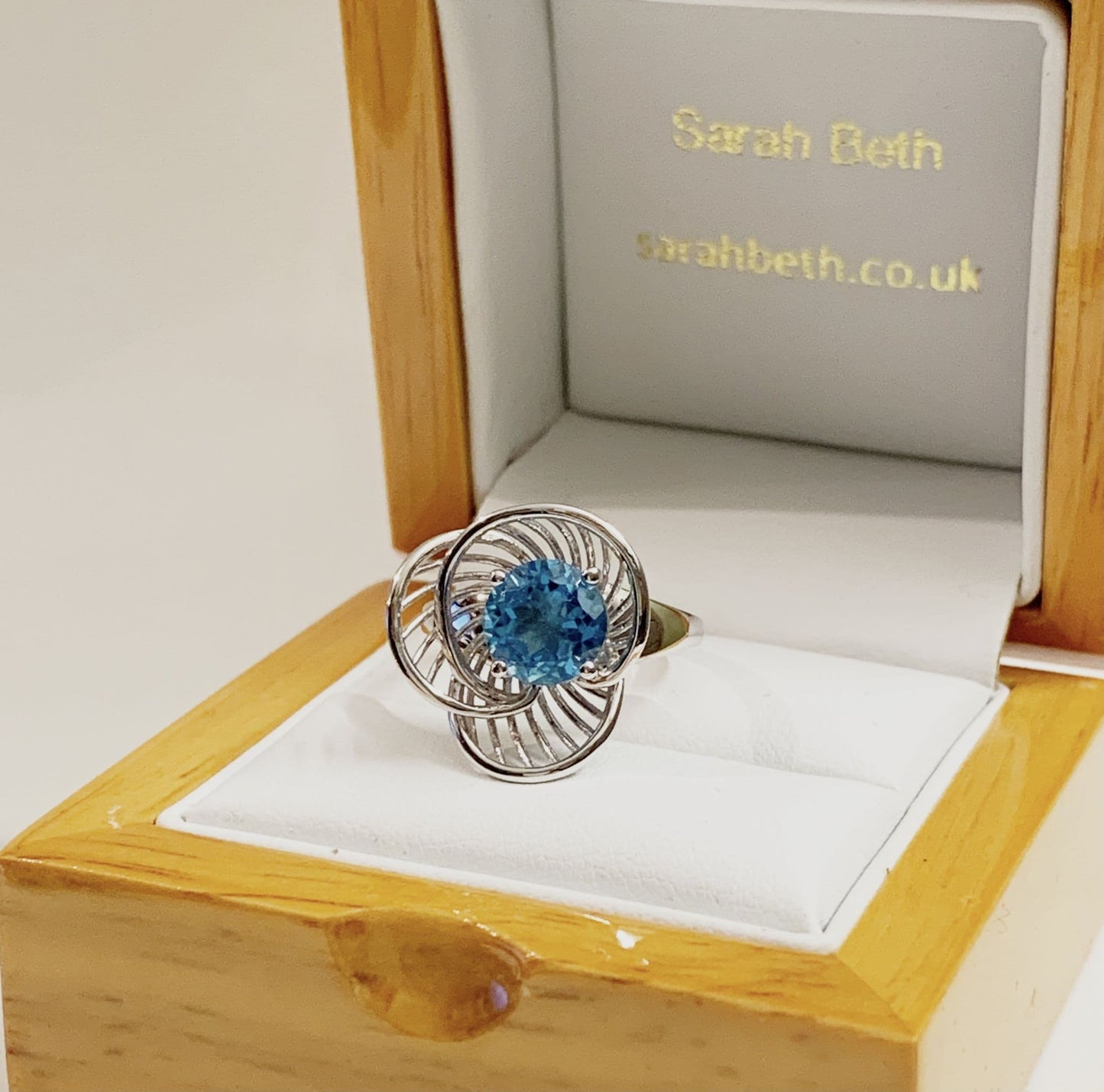 Round Ballerina Style Dress Cocktail Ring White Gold Blue Topaz