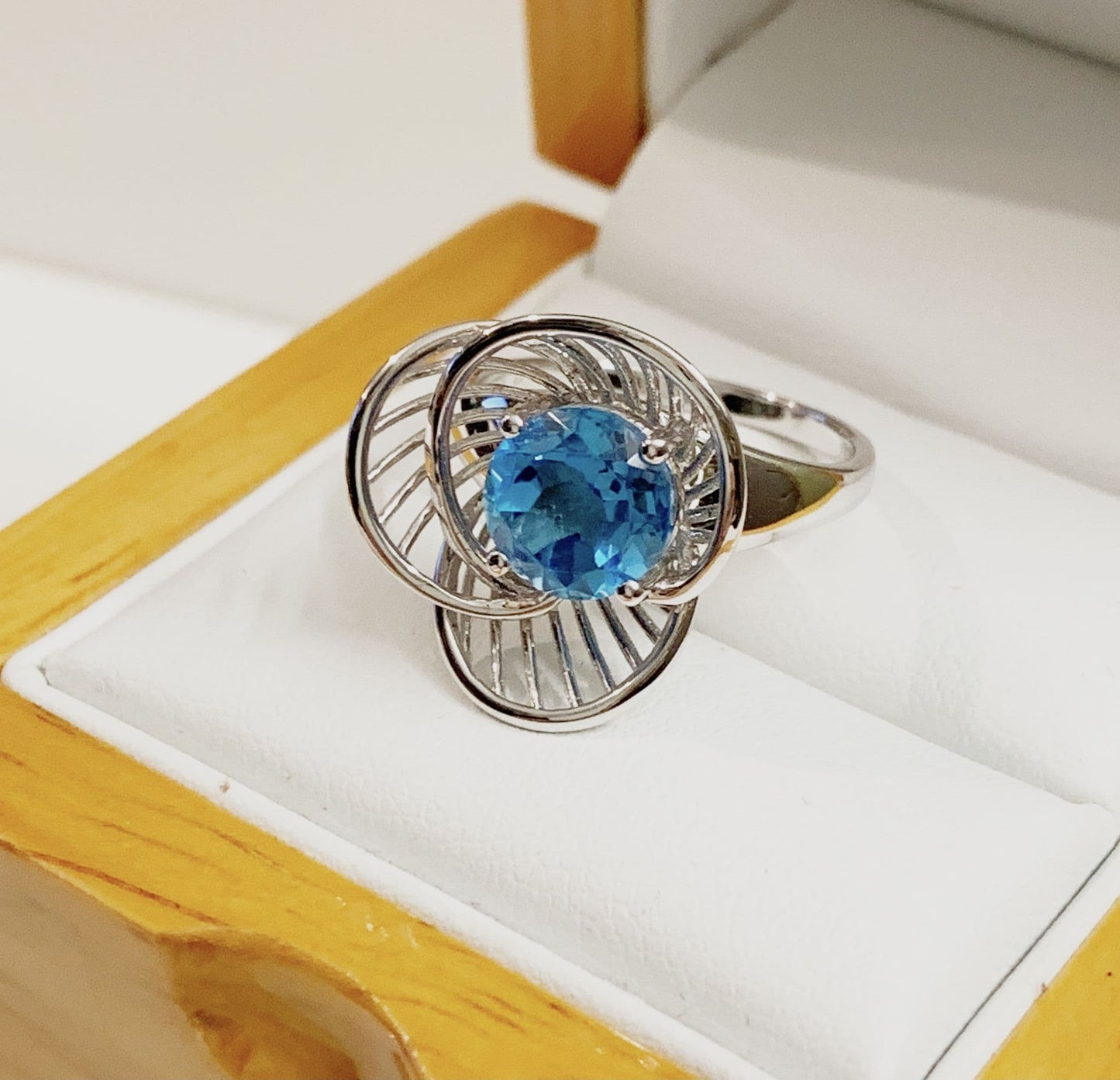 Round Ballerina Style Dress Cocktail Ring White Gold Blue Topaz