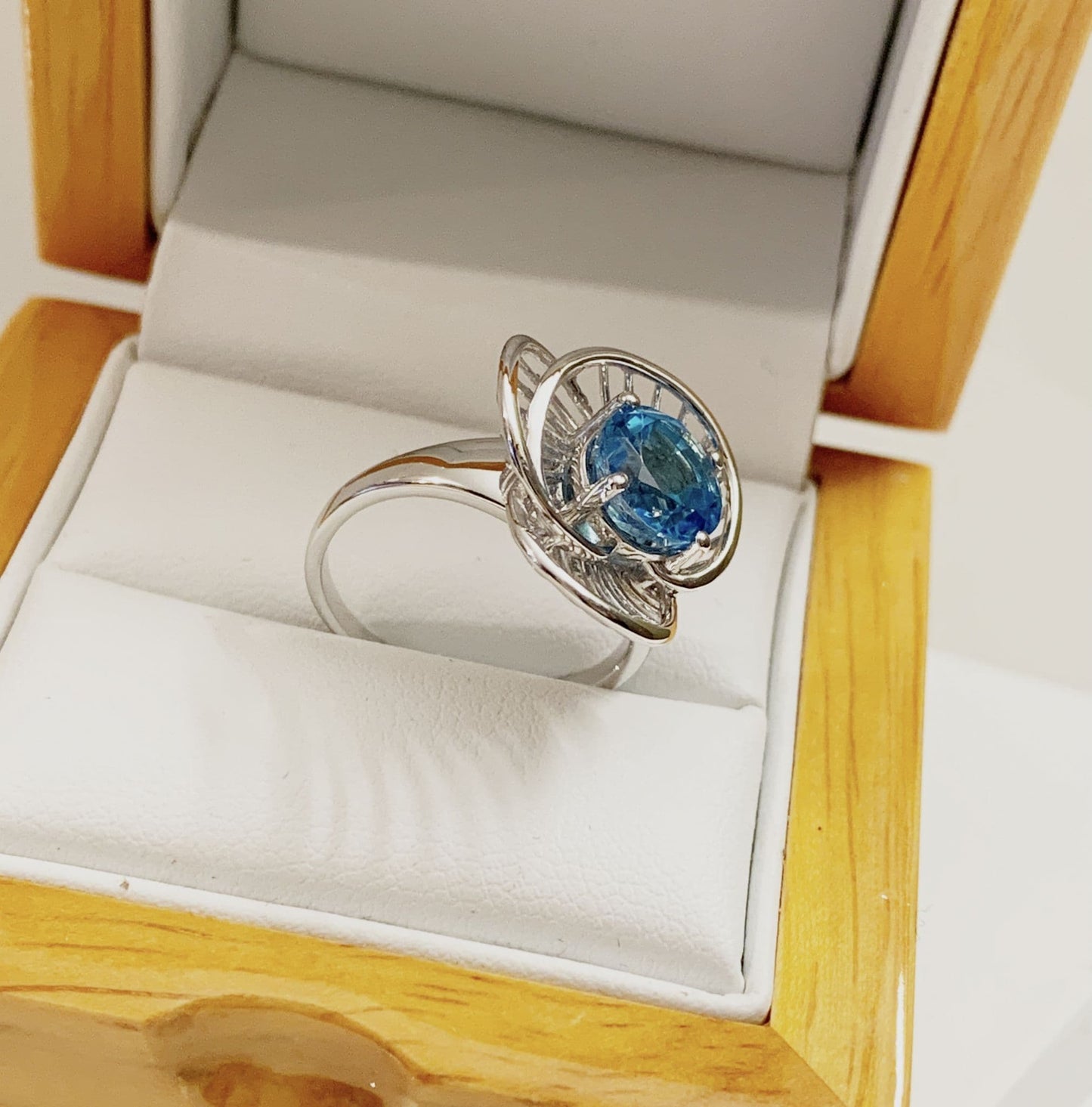 Round Ballerina Style Dress Cocktail Ring White Gold Blue Topaz