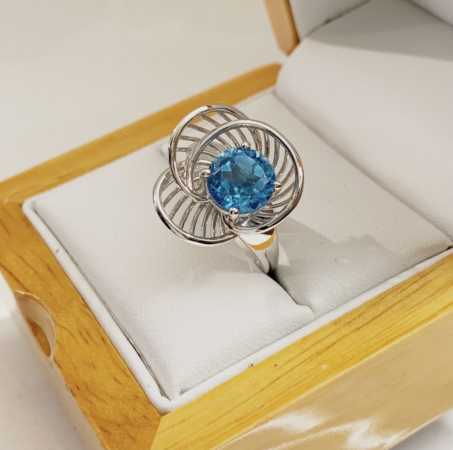 Round Ballerina Style Dress Cocktail Ring White Gold Blue Topaz