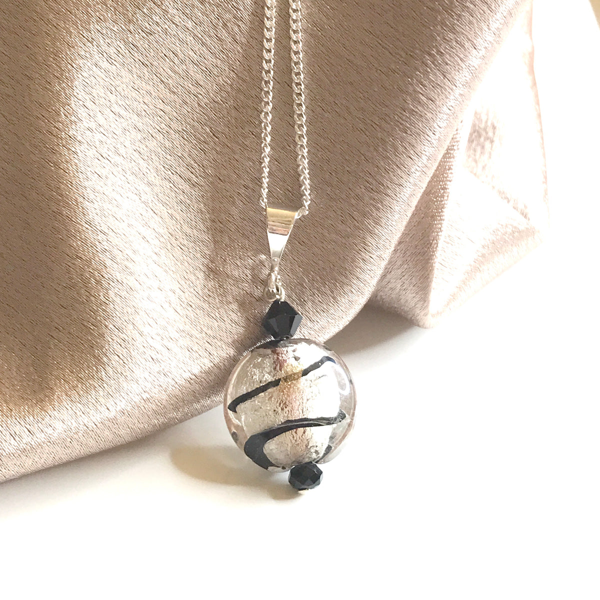 Round Black and White Real Murano Gold Bead Necklace Pendant