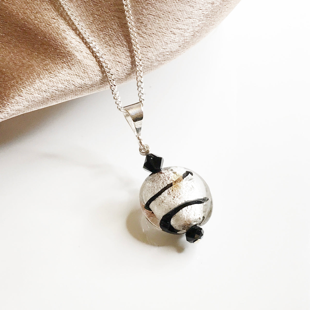Round Black and White Real Murano Gold Bead Necklace Pendant