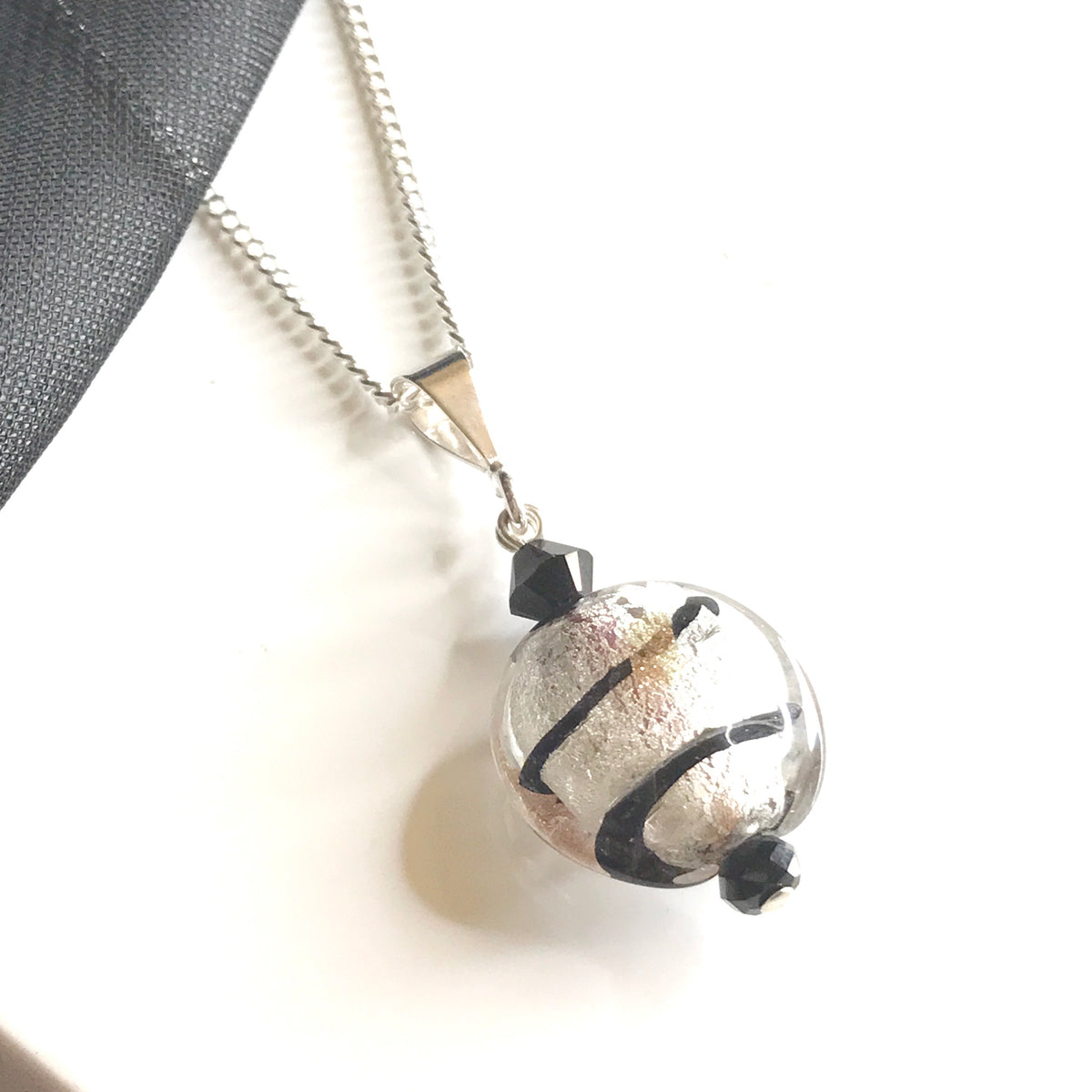 Round Black and White Real Murano Gold Bead Necklace Pendant